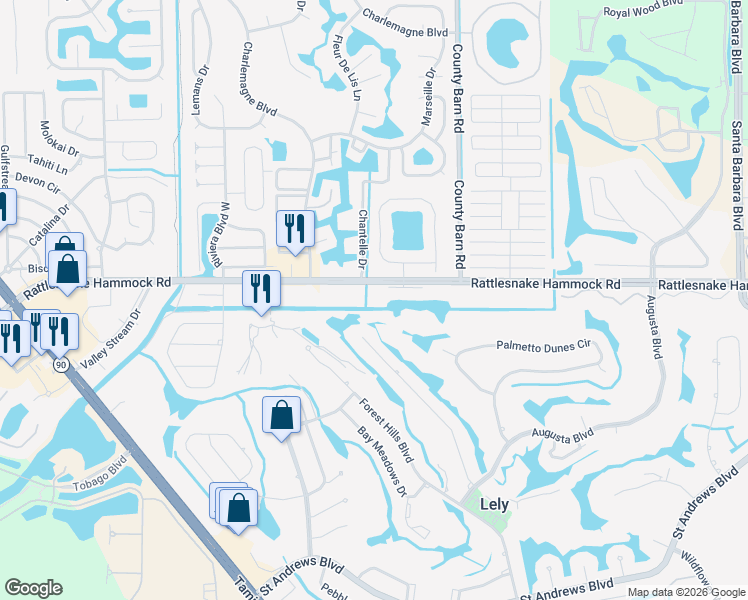 map of restaurants, bars, coffee shops, grocery stores, and more near 5501 Rattlesnake Hammock Road in Naples