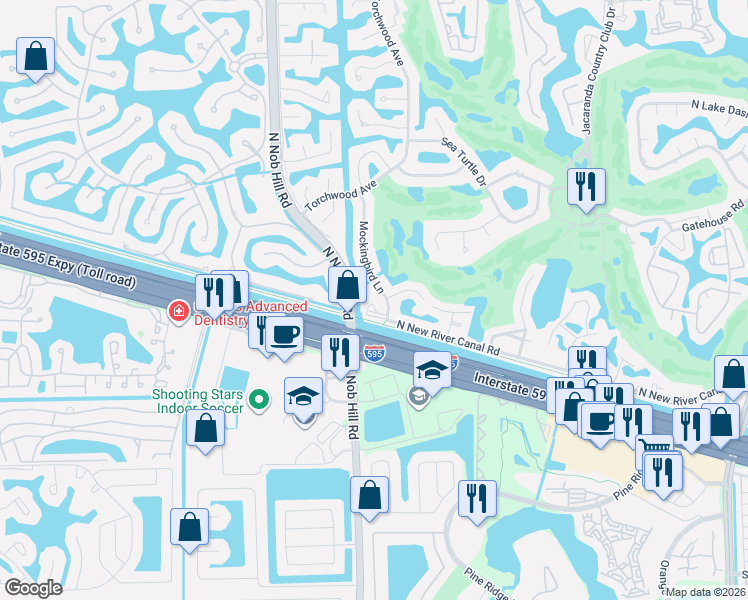 map of restaurants, bars, coffee shops, grocery stores, and more near 921 Mockingbird Lane in Plantation