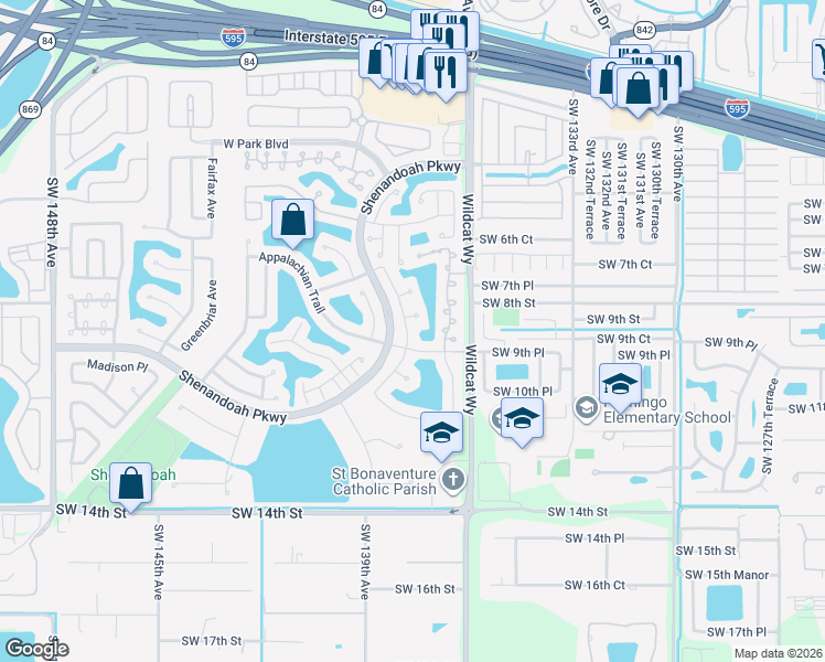 map of restaurants, bars, coffee shops, grocery stores, and more near 13771 Cedar Bluff Court in Davie