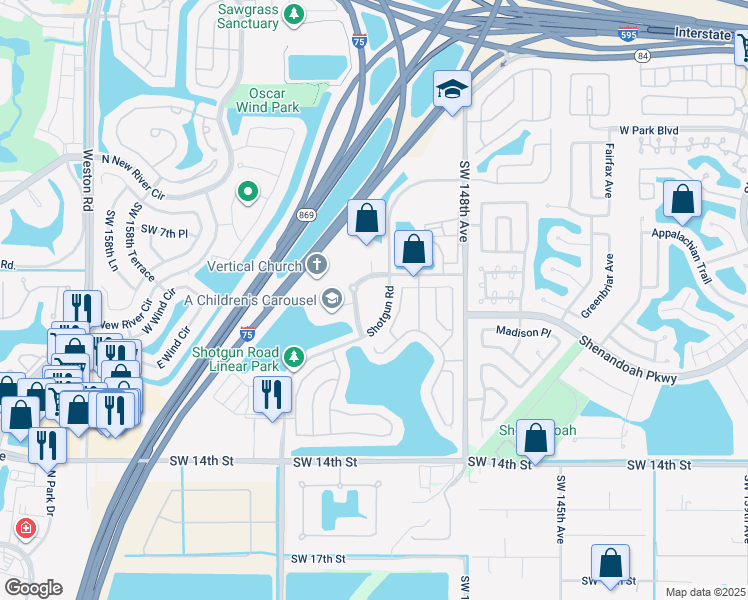 map of restaurants, bars, coffee shops, grocery stores, and more near 803 Shotgun Road in Sunrise
