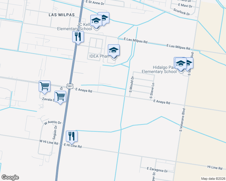 map of restaurants, bars, coffee shops, grocery stores, and more near 611 East Anaya Road in Pharr