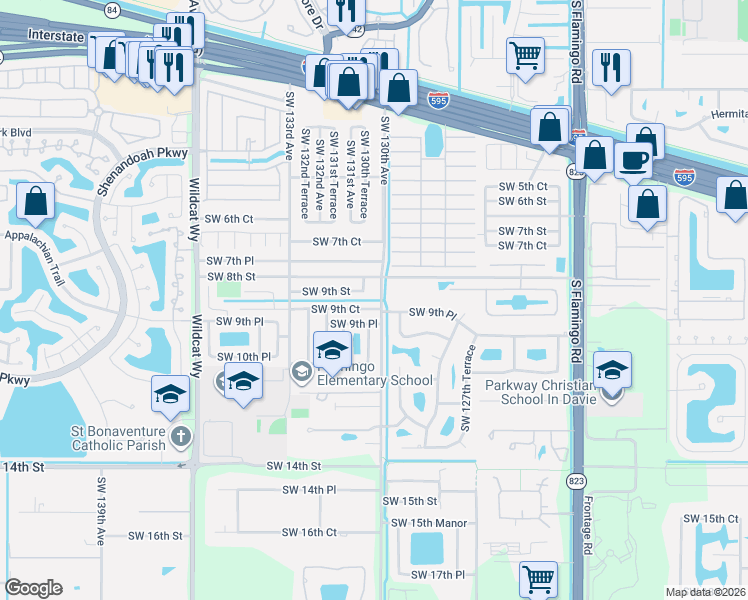 map of restaurants, bars, coffee shops, grocery stores, and more near 821 Southwest 130th Avenue in Davie