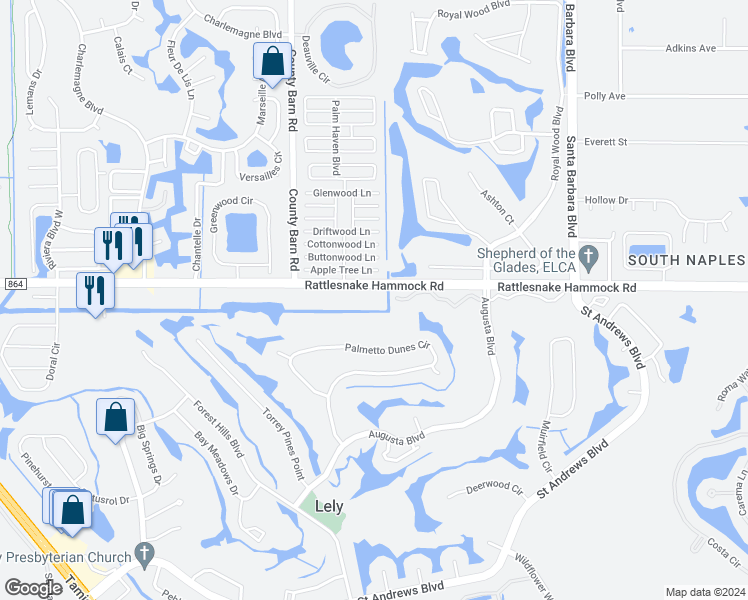map of restaurants, bars, coffee shops, grocery stores, and more near 5697 Rattlesnake Hammock Road in Naples