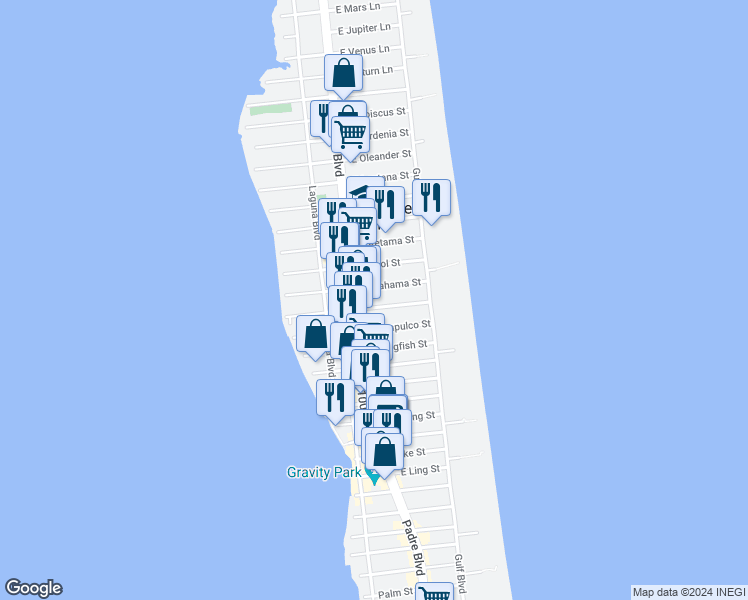 map of restaurants, bars, coffee shops, grocery stores, and more near 101 East Bahama Street in South Padre Island