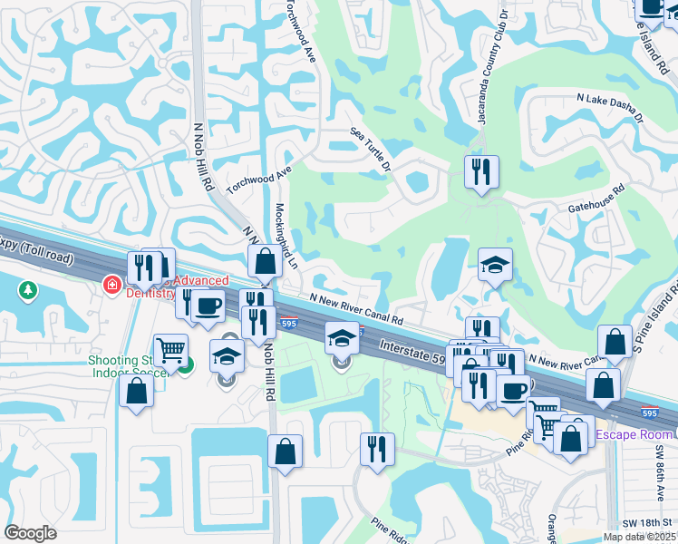 map of restaurants, bars, coffee shops, grocery stores, and more near 956 Mockingbird Lane in Plantation