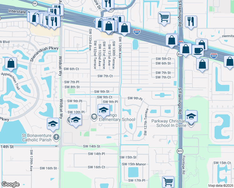 map of restaurants, bars, coffee shops, grocery stores, and more near 821 Southwest 130th Avenue in Davie