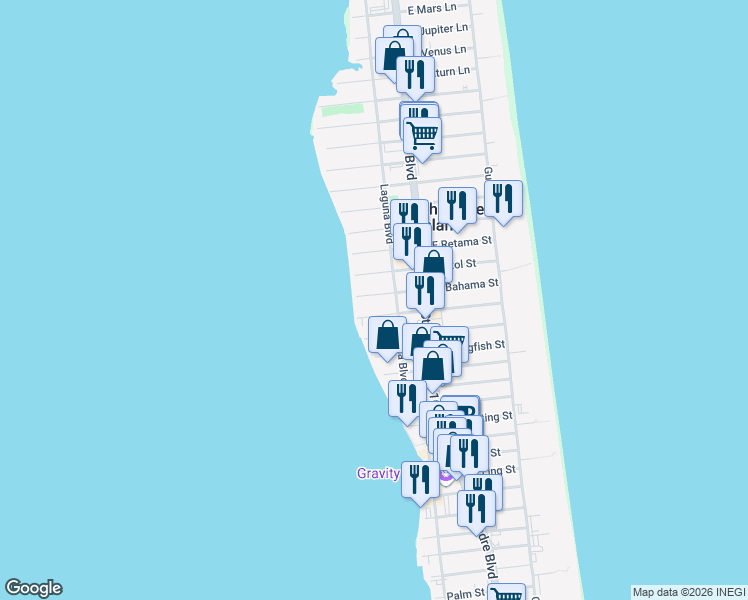 map of restaurants, bars, coffee shops, grocery stores, and more near 220 West Bahama Street in South Padre Island