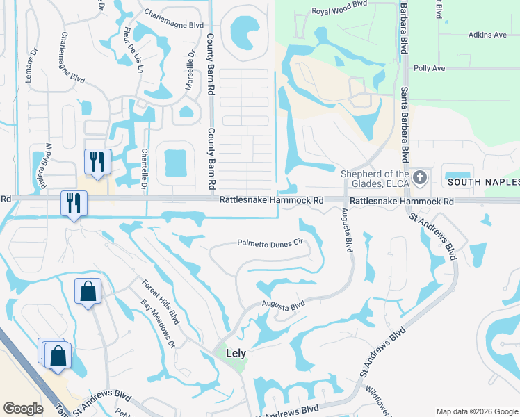 map of restaurants, bars, coffee shops, grocery stores, and more near a5693 Rattlesnake Hammock Road in Naples