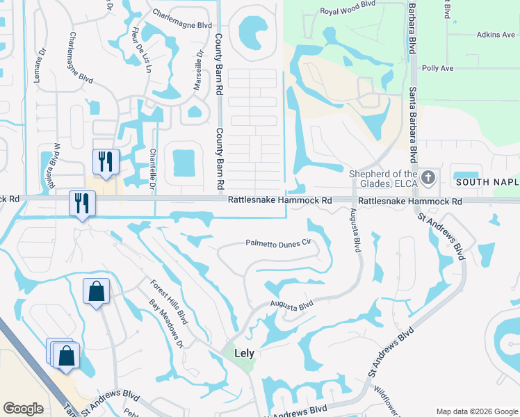 map of restaurants, bars, coffee shops, grocery stores, and more near a5693 Rattlesnake Hammock Road in Naples