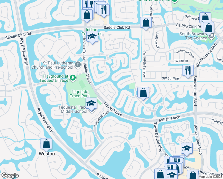 map of restaurants, bars, coffee shops, grocery stores, and more near 958 Azure Lane in Weston