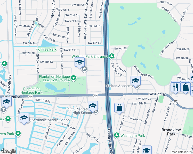 map of restaurants, bars, coffee shops, grocery stores, and more near 5241 Southwest 9th Court in Plantation