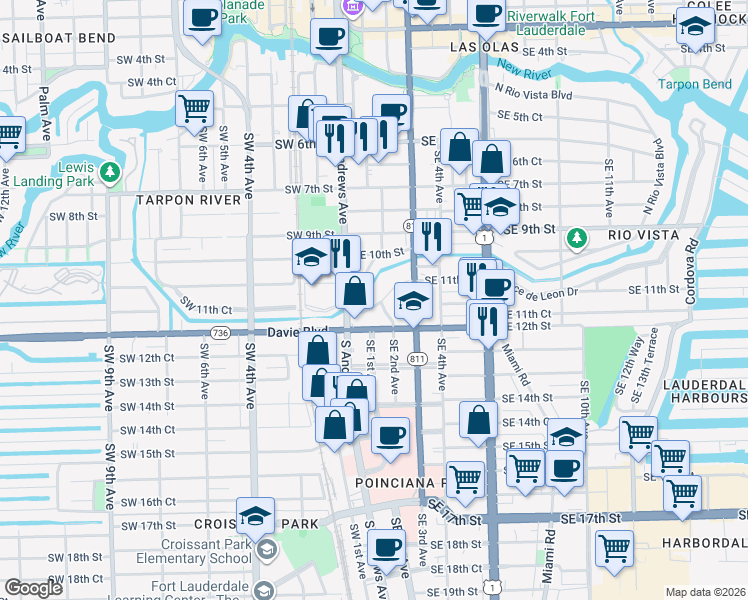 map of restaurants, bars, coffee shops, grocery stores, and more near 119 Rose Drive in Fort Lauderdale