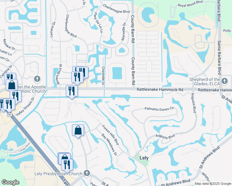 map of restaurants, bars, coffee shops, grocery stores, and more near 5515 Rattlesnake Hammock Road in Naples
