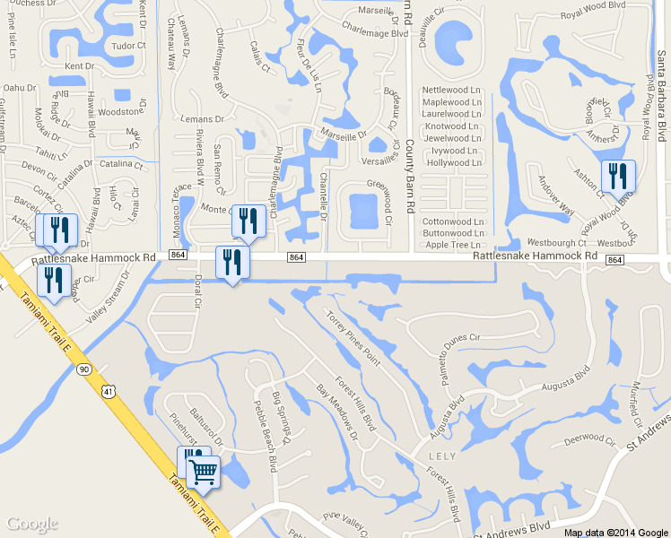 map of restaurants, bars, coffee shops, grocery stores, and more near 5501 Rattlesnake Hammock Road in Naples