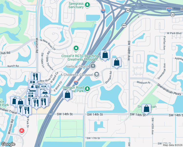 map of restaurants, bars, coffee shops, grocery stores, and more near 1003 Shotgun Road in Sunrise