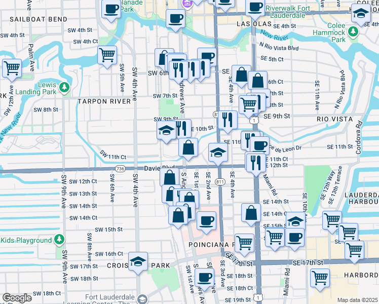 map of restaurants, bars, coffee shops, grocery stores, and more near 121 Rose Drive in Fort Lauderdale