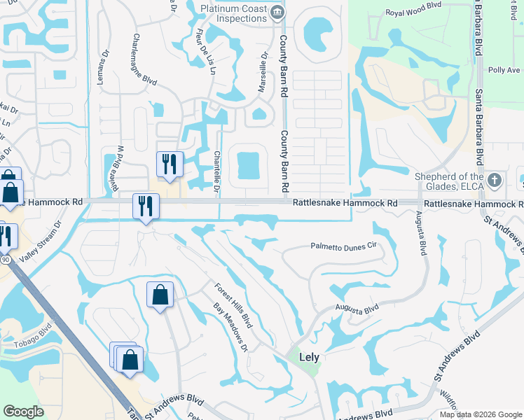 map of restaurants, bars, coffee shops, grocery stores, and more near 5515 Rattlesnake Hammock Road in Naples