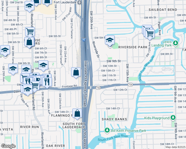 map of restaurants, bars, coffee shops, grocery stores, and more near 1960 Riverside Drive in Fort Lauderdale