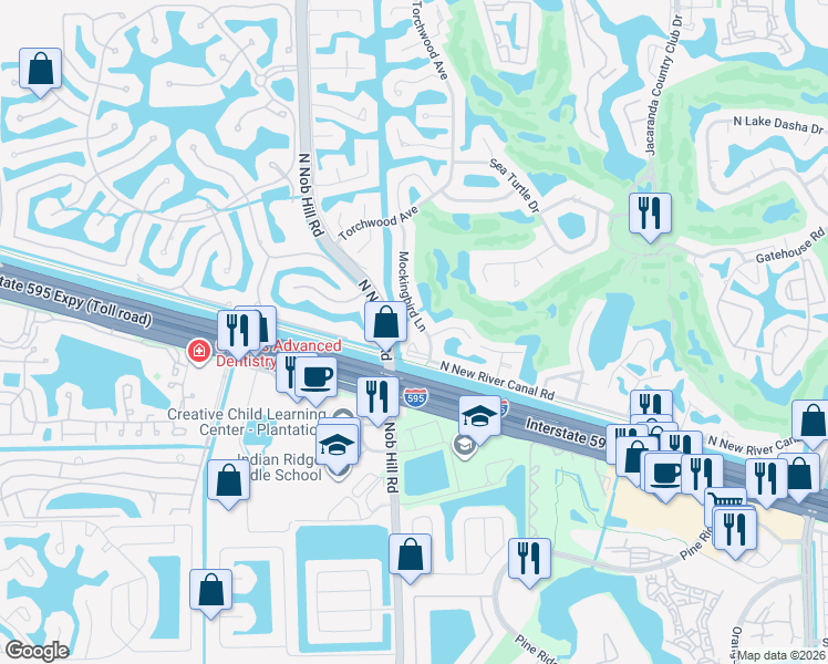 map of restaurants, bars, coffee shops, grocery stores, and more near 921 Mockingbird Lane in Plantation