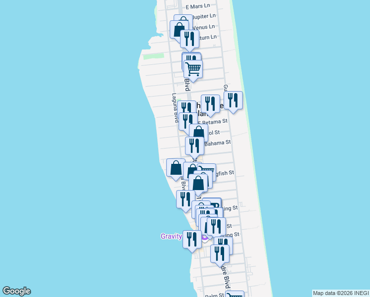 map of restaurants, bars, coffee shops, grocery stores, and more near 107 West Bahama Street in South Padre Island