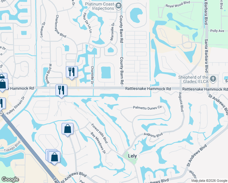 map of restaurants, bars, coffee shops, grocery stores, and more near 5579 Rattlesnake Hammock Road in Naples