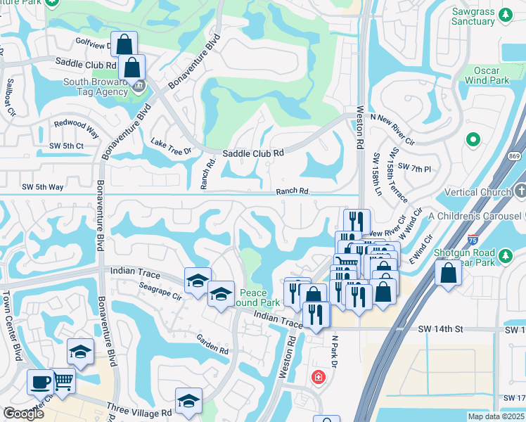 map of restaurants, bars, coffee shops, grocery stores, and more near 1020 Creekford Drive in Weston