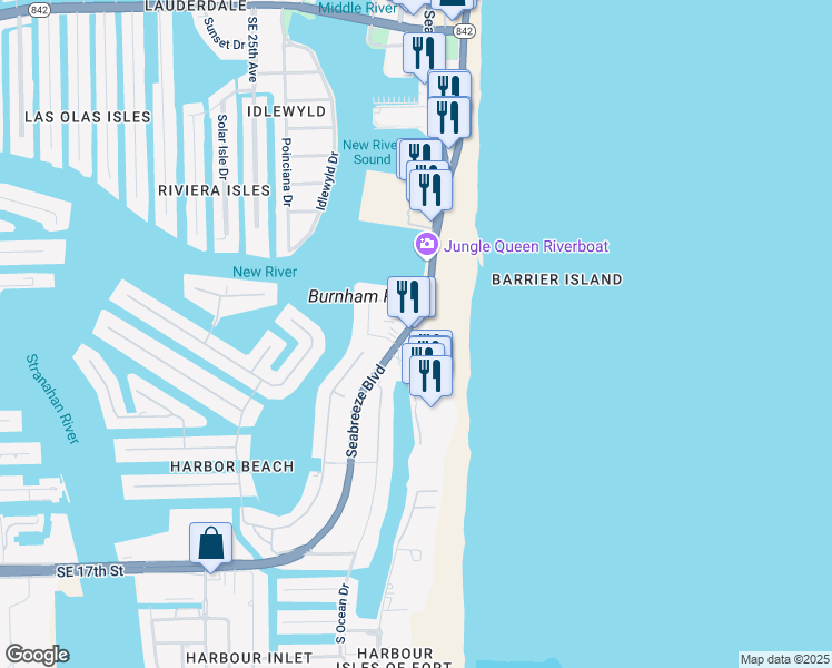 map of restaurants, bars, coffee shops, grocery stores, and more near 1140 Seabreeze Boulevard in Fort Lauderdale