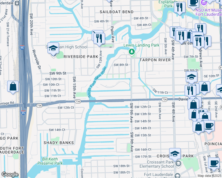 map of restaurants, bars, coffee shops, grocery stores, and more near 1200 River Reach Drive in Fort Lauderdale