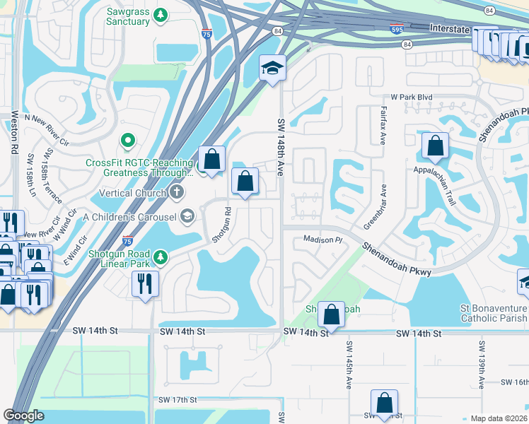 map of restaurants, bars, coffee shops, grocery stores, and more near 904 Southwest 149th Way in Sunrise