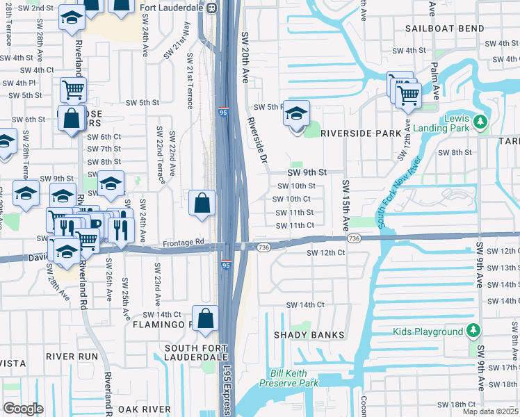 map of restaurants, bars, coffee shops, grocery stores, and more near 1960 Riverside Drive in Fort Lauderdale