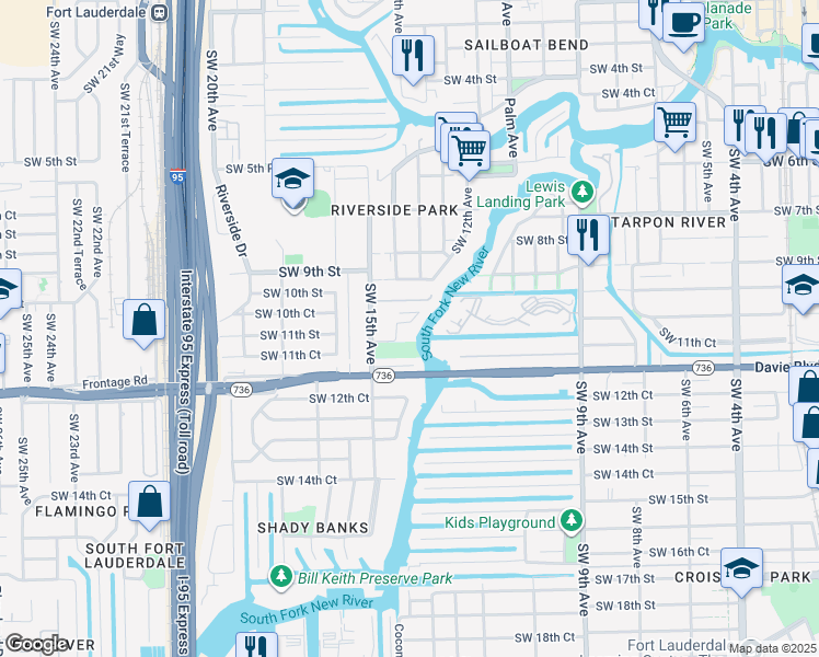 map of restaurants, bars, coffee shops, grocery stores, and more near 1100 Southwest 14th Terrace in Fort Lauderdale