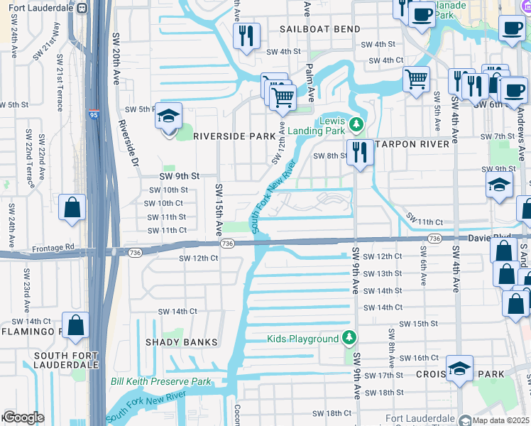 map of restaurants, bars, coffee shops, grocery stores, and more near 1350 River Reach Drive in Fort Lauderdale