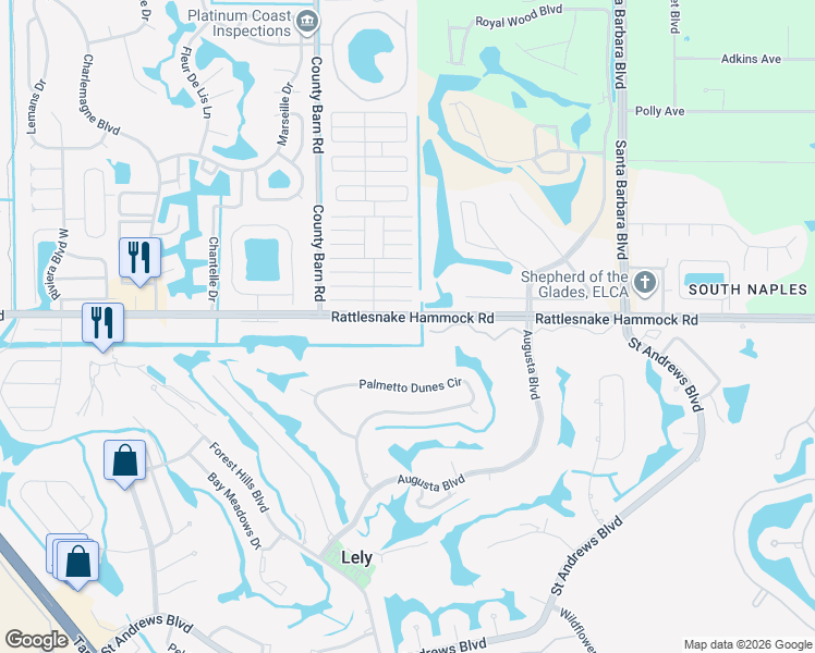 map of restaurants, bars, coffee shops, grocery stores, and more near 5697 Rattlesnake Hammock Road in Naples