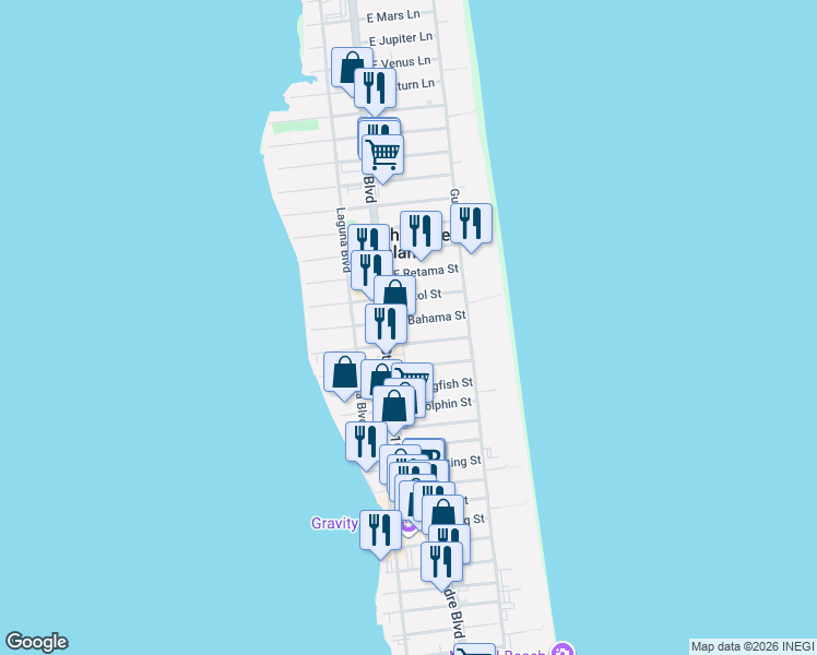 map of restaurants, bars, coffee shops, grocery stores, and more near 101 East Bahama Street in South Padre Island