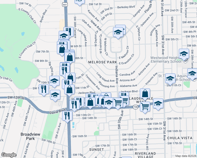 map of restaurants, bars, coffee shops, grocery stores, and more near 1047 Long Island Avenue in Fort Lauderdale