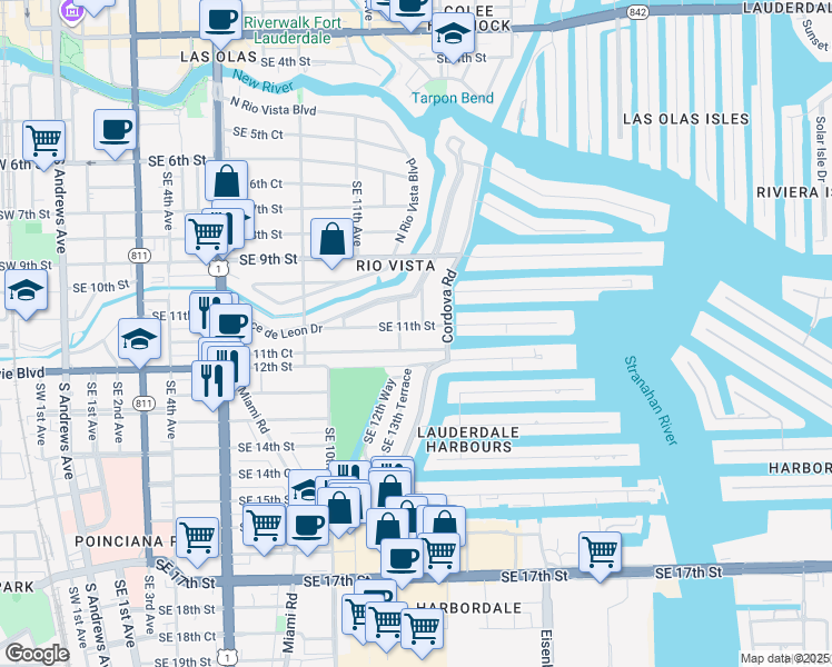 map of restaurants, bars, coffee shops, grocery stores, and more near 1300 Southeast 11th Street in Fort Lauderdale