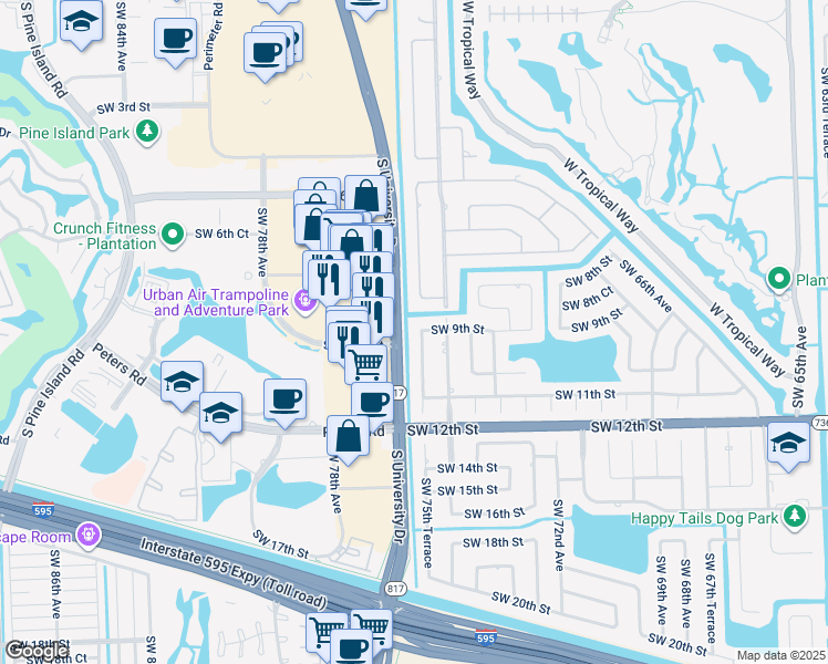 map of restaurants, bars, coffee shops, grocery stores, and more near 901 Southwest 75th Terrace in Plantation