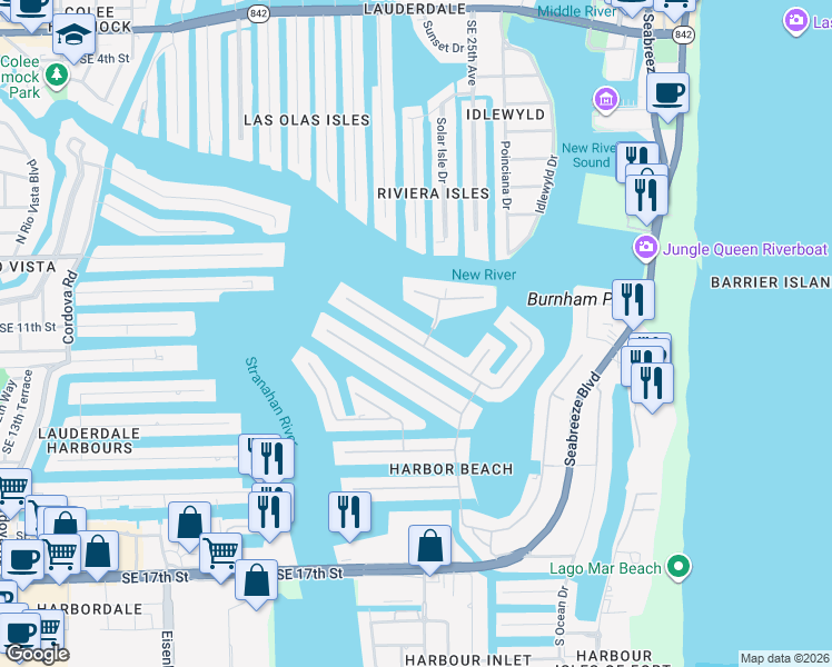 map of restaurants, bars, coffee shops, grocery stores, and more near 21 Isla Bahia Drive in Fort Lauderdale