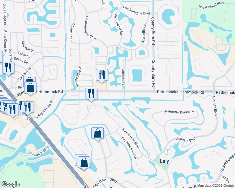 map of restaurants, bars, coffee shops, grocery stores, and more near 5483 Rattlesnake Hammock Road in Naples