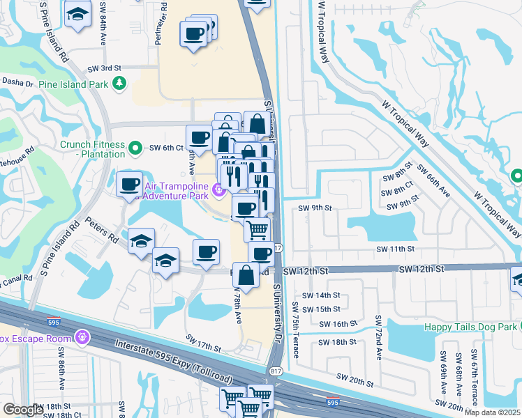 map of restaurants, bars, coffee shops, grocery stores, and more near 817 South University Drive in Plantation