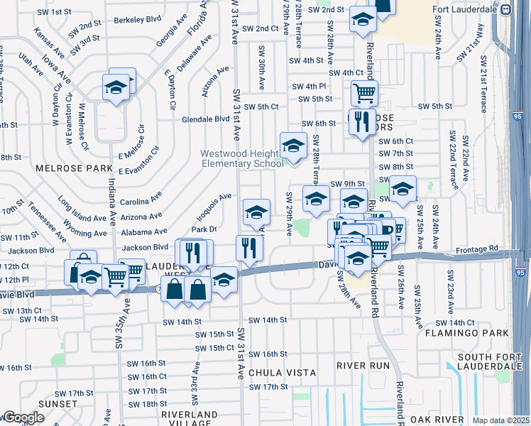 map of restaurants, bars, coffee shops, grocery stores, and more near 1031 Southwest 29th Way in Fort Lauderdale