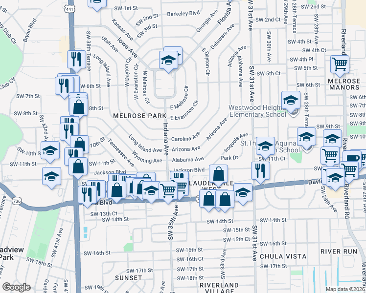 map of restaurants, bars, coffee shops, grocery stores, and more near 1121 Arizona Avenue in Fort Lauderdale
