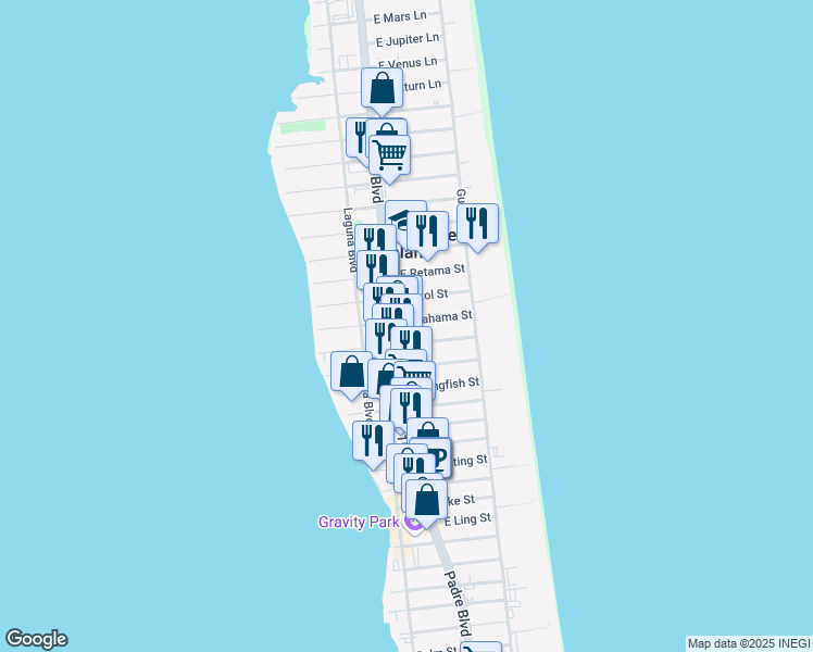 map of restaurants, bars, coffee shops, grocery stores, and more near 101 East Bahama Street in South Padre Island