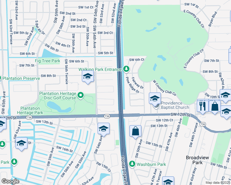 map of restaurants, bars, coffee shops, grocery stores, and more near 950 Southwest 52nd Avenue in Plantation
