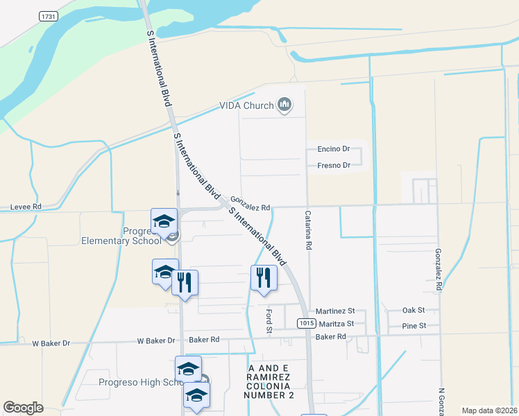 map of restaurants, bars, coffee shops, grocery stores, and more near 617 Gonzalez Road in Weslaco