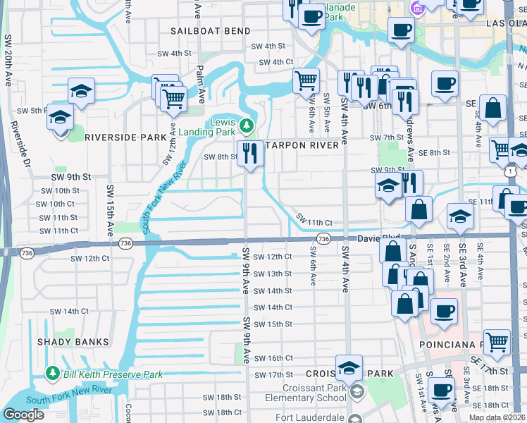 map of restaurants, bars, coffee shops, grocery stores, and more near 846 Southwest 11th Street in Fort Lauderdale