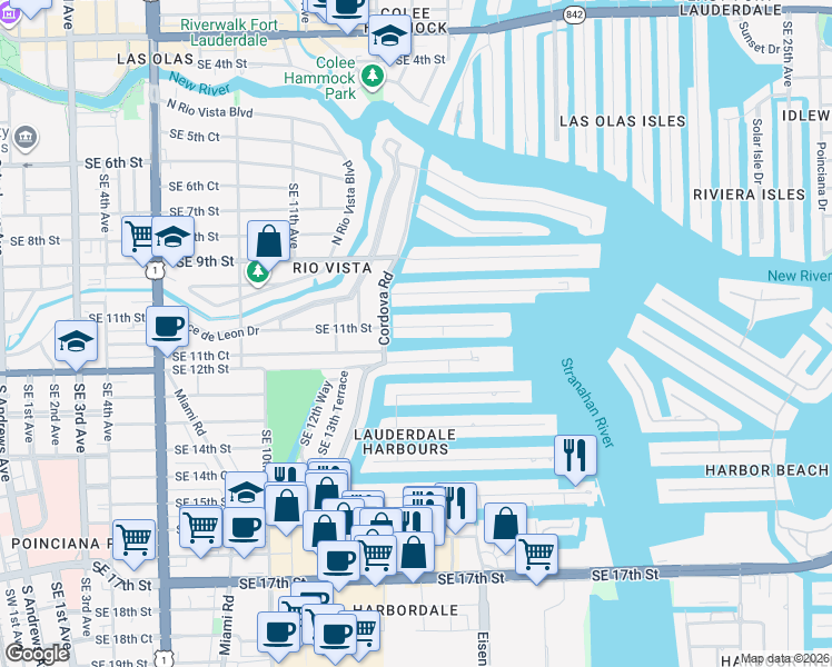 map of restaurants, bars, coffee shops, grocery stores, and more near 1524 Southeast 11th Street in Fort Lauderdale
