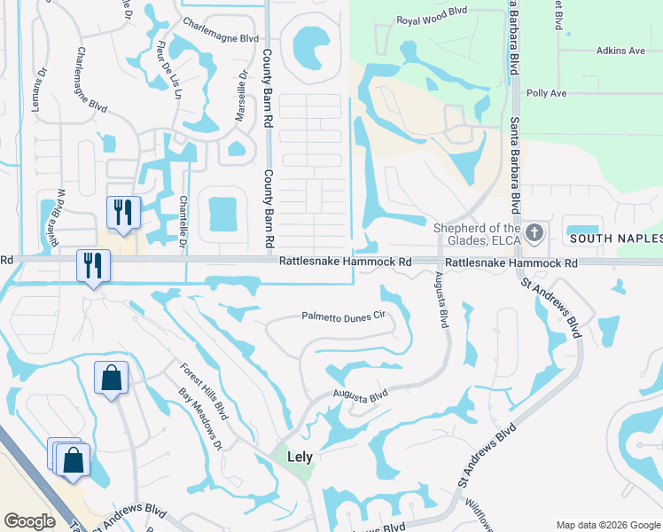map of restaurants, bars, coffee shops, grocery stores, and more near a5693 Rattlesnake Hammock Road in Naples