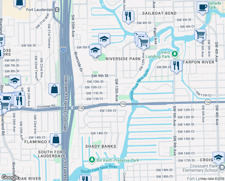 map of restaurants, bars, coffee shops, grocery stores, and more near 1025 Southwest 15th Avenue in Fort Lauderdale