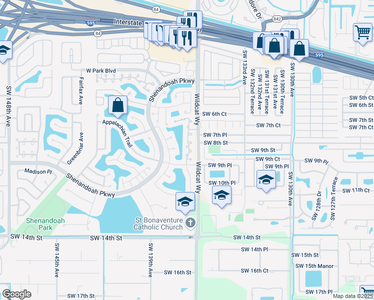 map of restaurants, bars, coffee shops, grocery stores, and more near 851 Cumberland Terrace in Davie